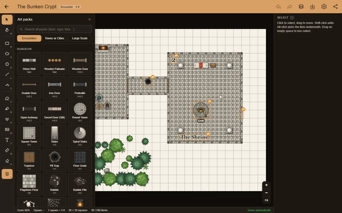 The art pack drawer open beside a dungeon map in night mode, showing stone walls, doors and towers