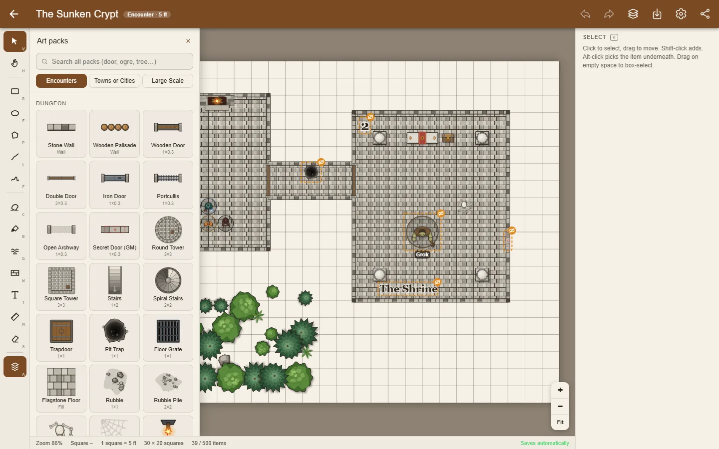 The art pack drawer open beside a dungeon map in day mode, showing stone walls, doors and towers