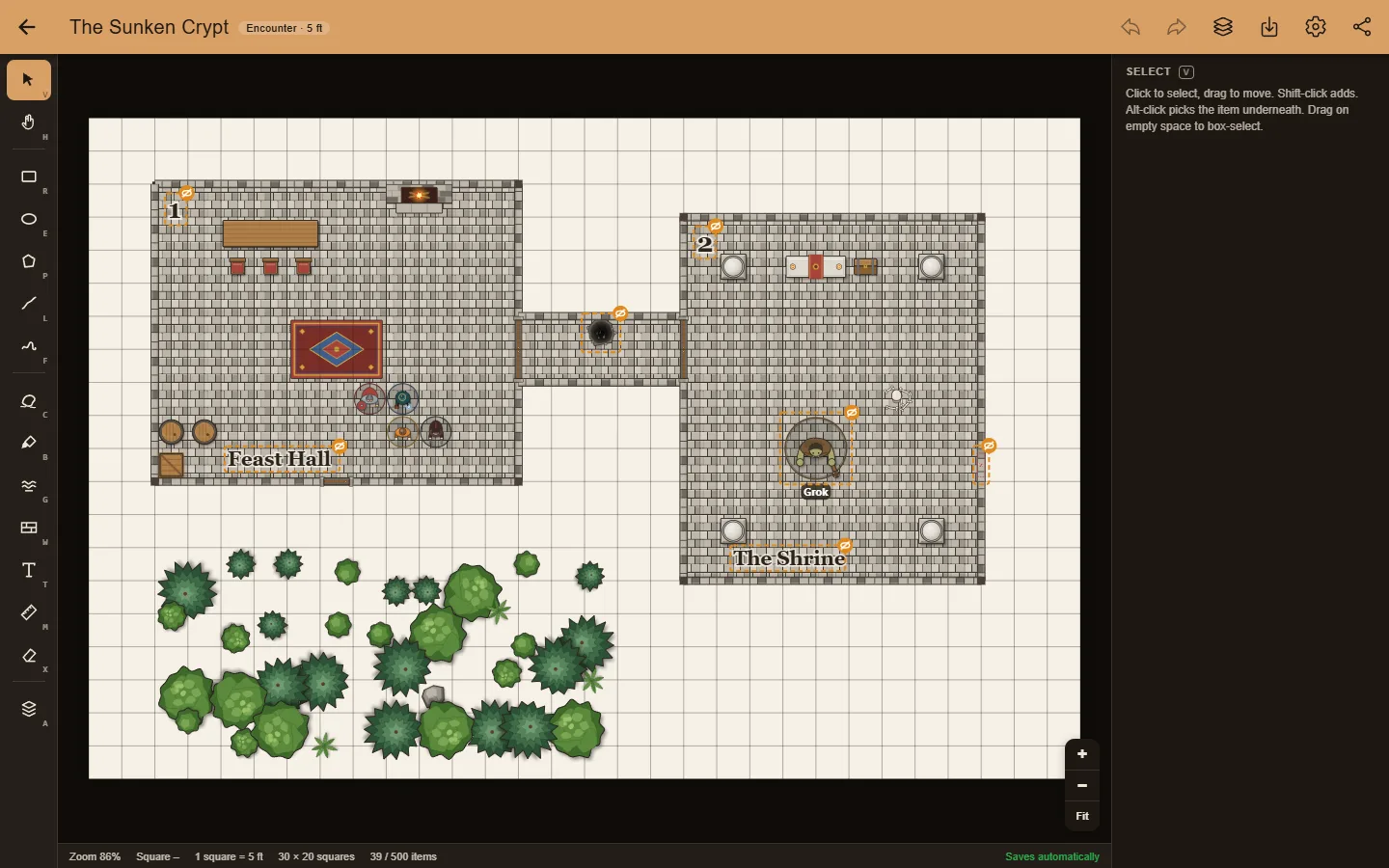 The My RPGMap Me editor in night mode: a stone-walled dungeon with a feast hall, a shrine, hero tokens and a forest outside