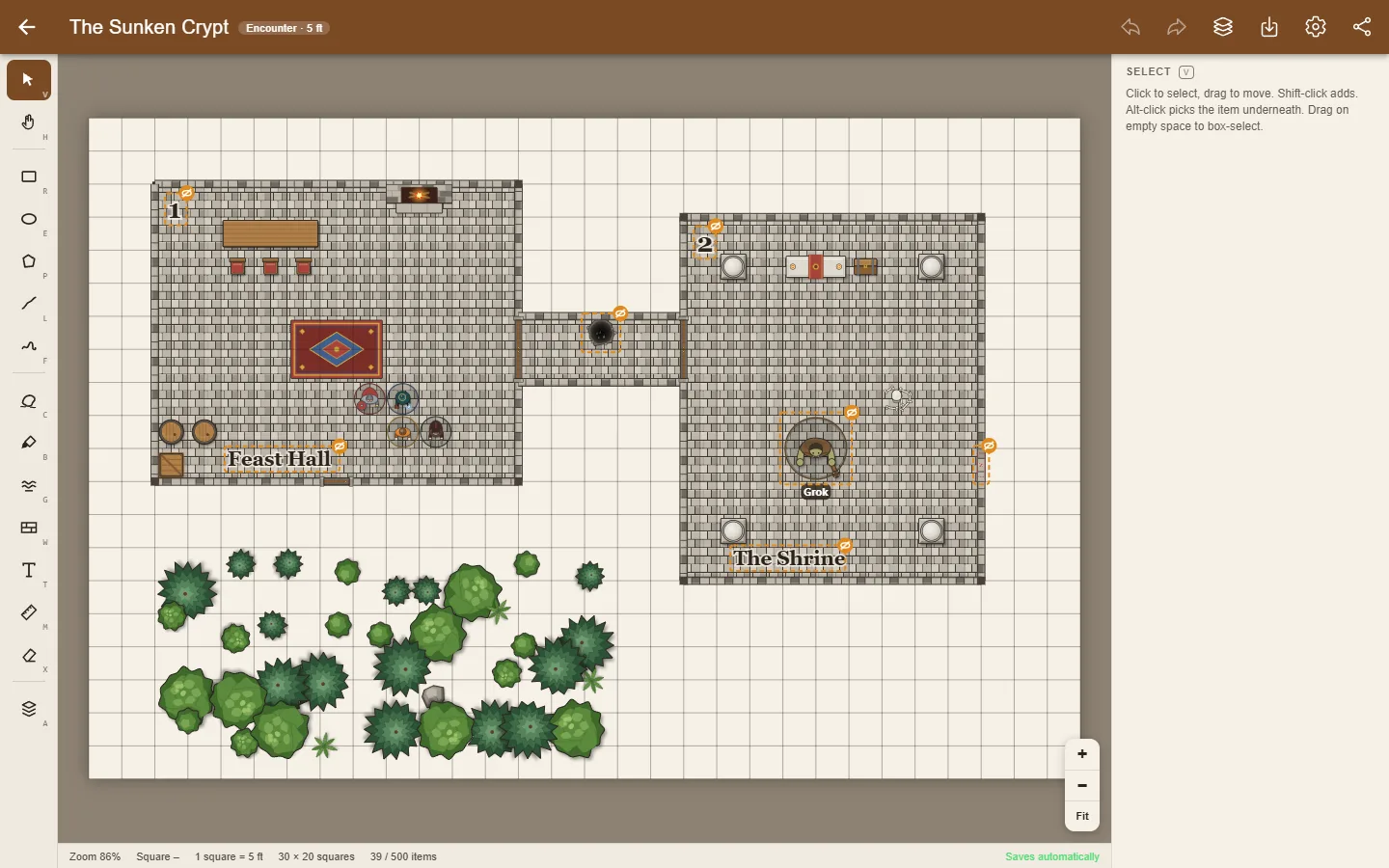 The My RPGMap Me editor in day mode: a stone-walled dungeon with a feast hall, a shrine, hero tokens and a forest outside