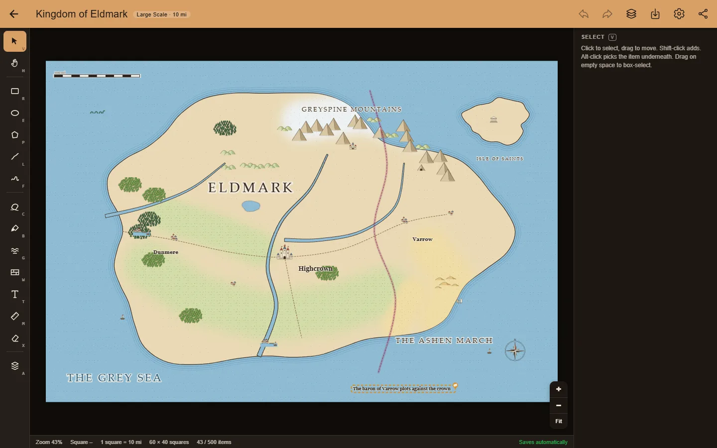 A kingdom map in night mode: an island with mountains, forests, rivers, roads, towns and a compass rose