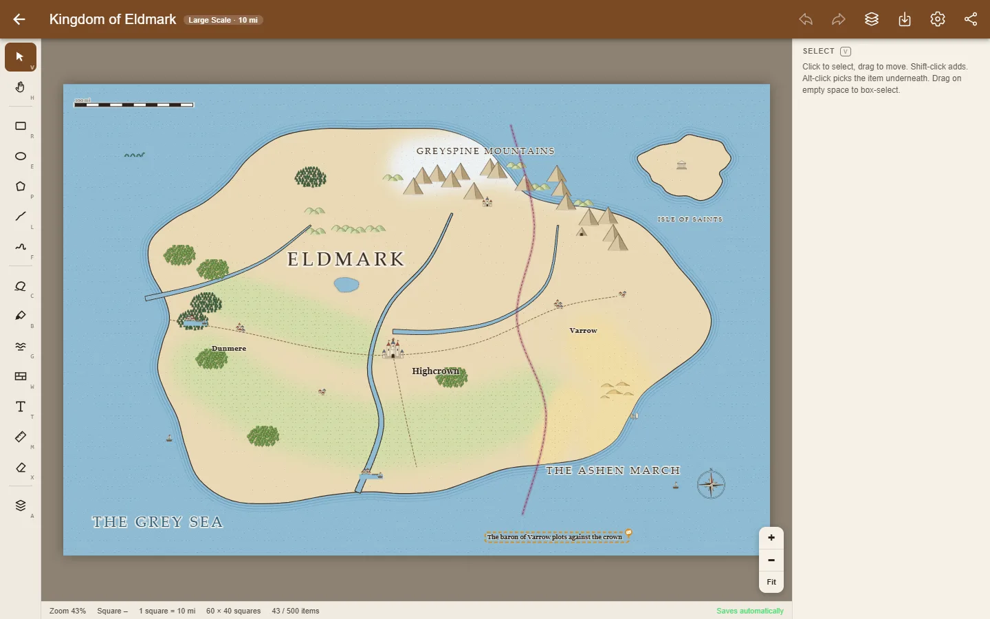 A kingdom map in day mode: an island with mountains, forests, rivers, roads, towns and a compass rose