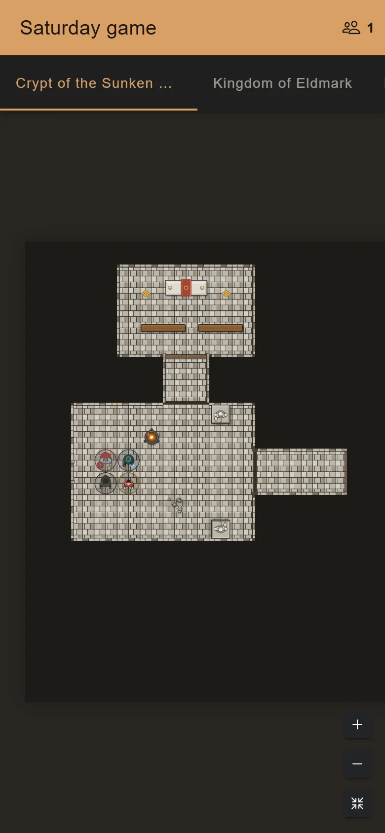 A player's phone in night mode: tabs for the crypt and the kingdom, and the crypt's explored rooms with the rest under fog