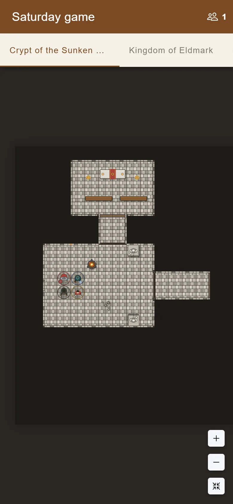 A player's phone in day mode: tabs for the crypt and the kingdom, and the crypt's explored rooms with the rest under fog