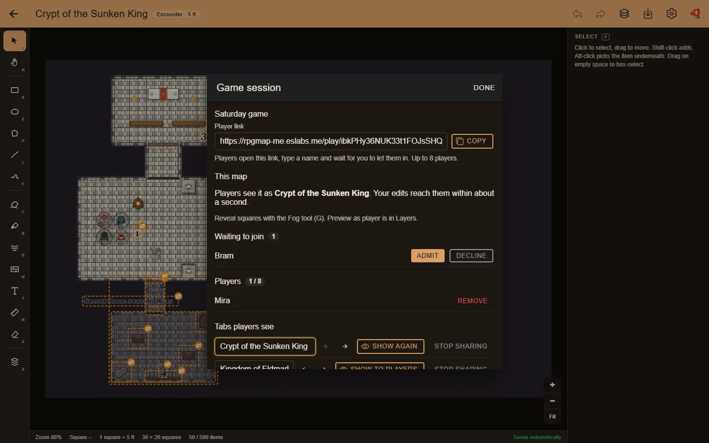 The game session panel in night mode: the player link, a player waiting to join, one admitted and the shared maps as tabs