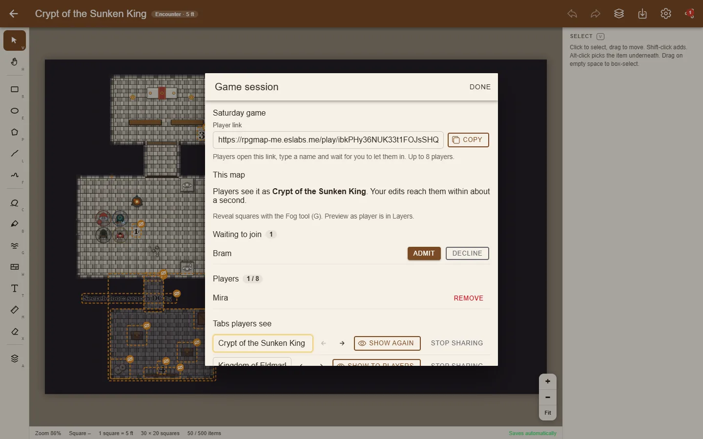 The game session panel in day mode: the player link, a player waiting to join, one admitted and the shared maps as tabs