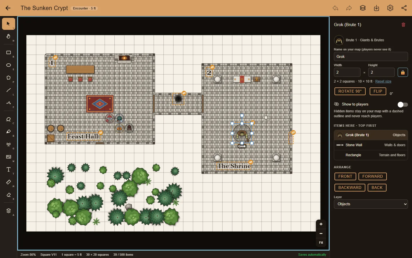 A hidden ogre token selected in night mode, with its GM-only name and the show-to-players switch turned off