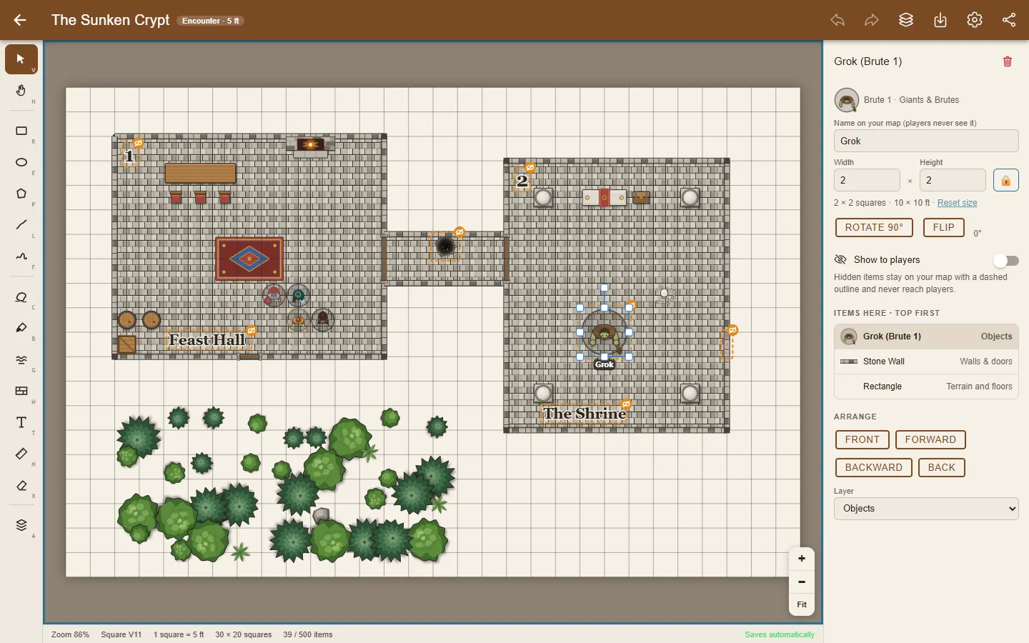 A hidden ogre token selected in day mode, with its GM-only name and the show-to-players switch turned off